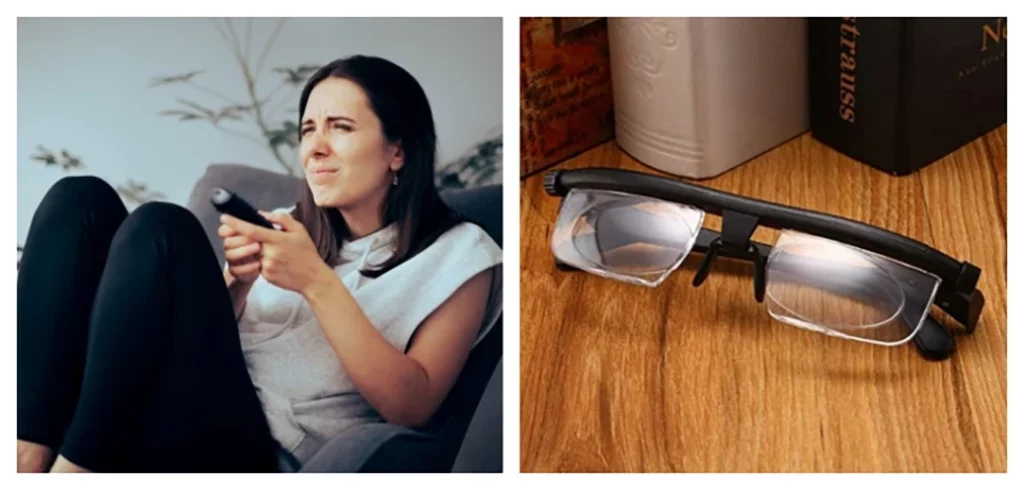 collage of adjustable glasses, woman narrowing her eyes t see clearly and on the right the glasses