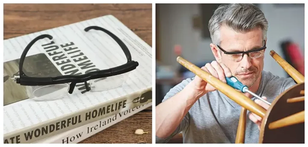 collage of adjustable glasses on book and man wearing them